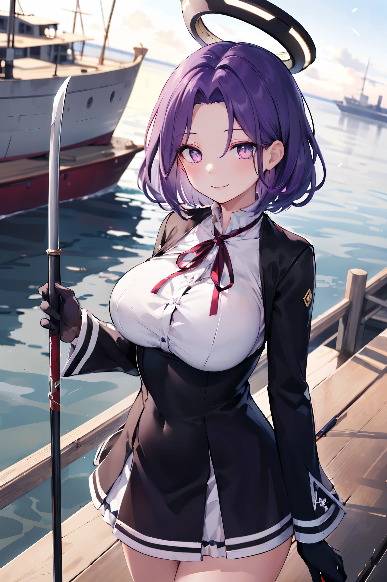 masterpiece, best quality, highres, mechanical halo, (big_breasts:1.2), black dress, neck ribbon, long sleeves, black gloves, outdoors, cowboy shot, standing, holding weapon, polearm,smile,,harbor_town_landscape,purple_halfeyes,(scornful eyes:1.4)