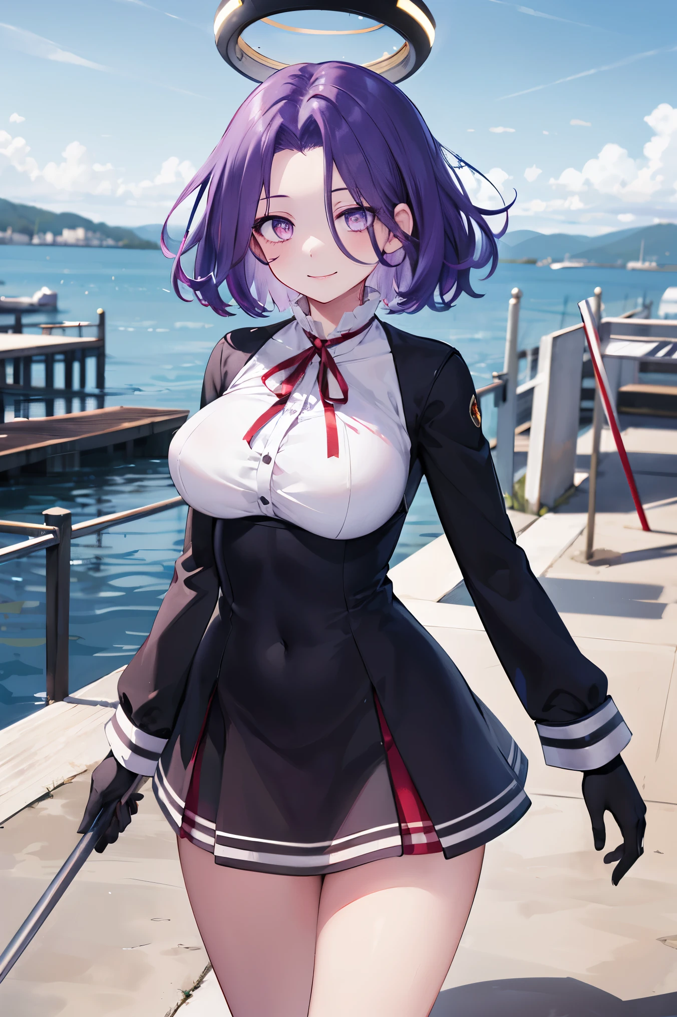 masterpiece, best quality, highres, mechanical halo, (big_breasts:1.2), black dress, neck ribbon, long sleeves, black gloves, outdoors, cowboy shot, standing, holding weapon, polearm,smile,,harbor_town_landscape,purple_halfeyes,(scornful eyes:1.4)