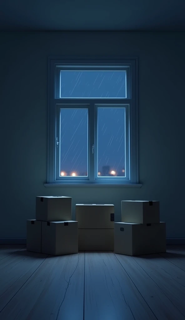 a animation  empty room  night theme window has cartons

