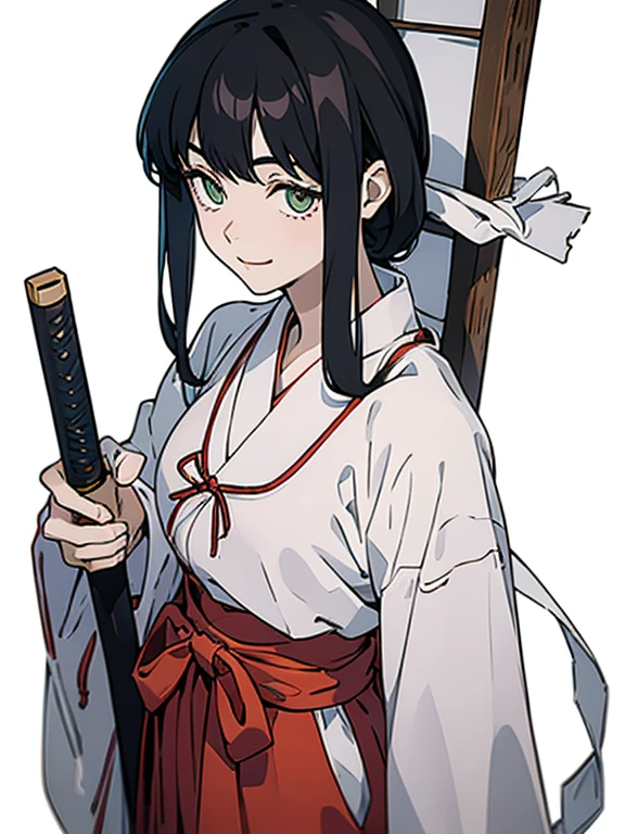 (((Portrait of a person standing against a white background))), The beautiful girl named "Midori" is an 18-year-old shrine maiden with green eyes and black medium hair. She is wearing miko costume, white outer garment, red skirt, long boots, and a wooden sword attached to her left hip., Her hair is shoulder length and tied at the back., She stands diagonally to the left against a white background., green eyes, smile, (full body, 1:1 ratio of upper body to lower body), (masterpiece, Best Quality, Ultra-high resolution, Best illustrations, Very delicate and cute face), 