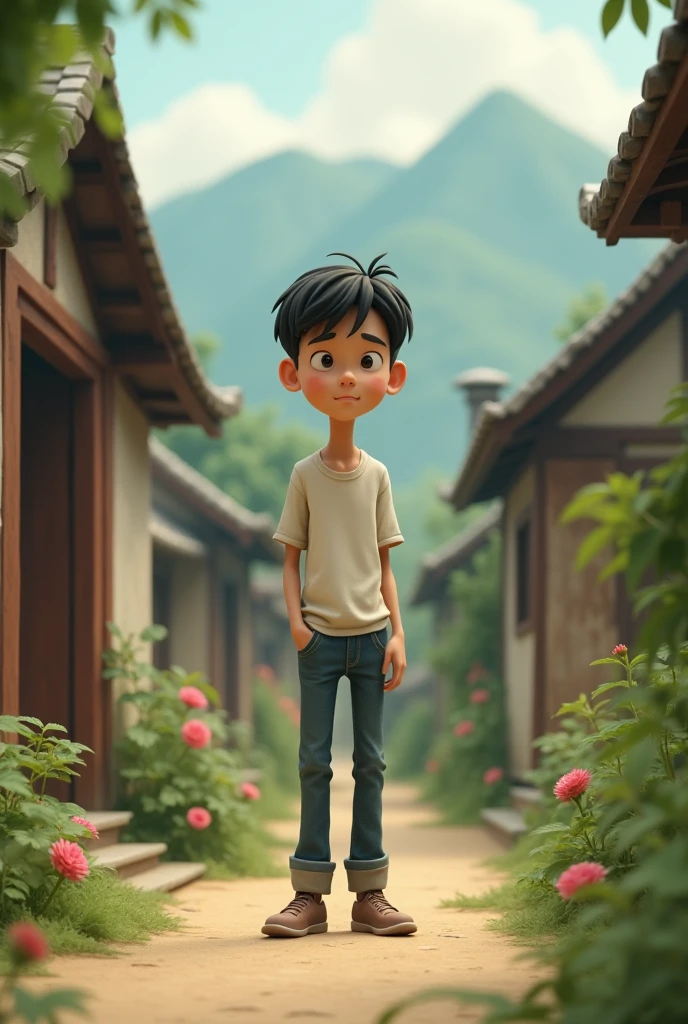 18+Young tall boy sad in village ai 3d image cartoon type