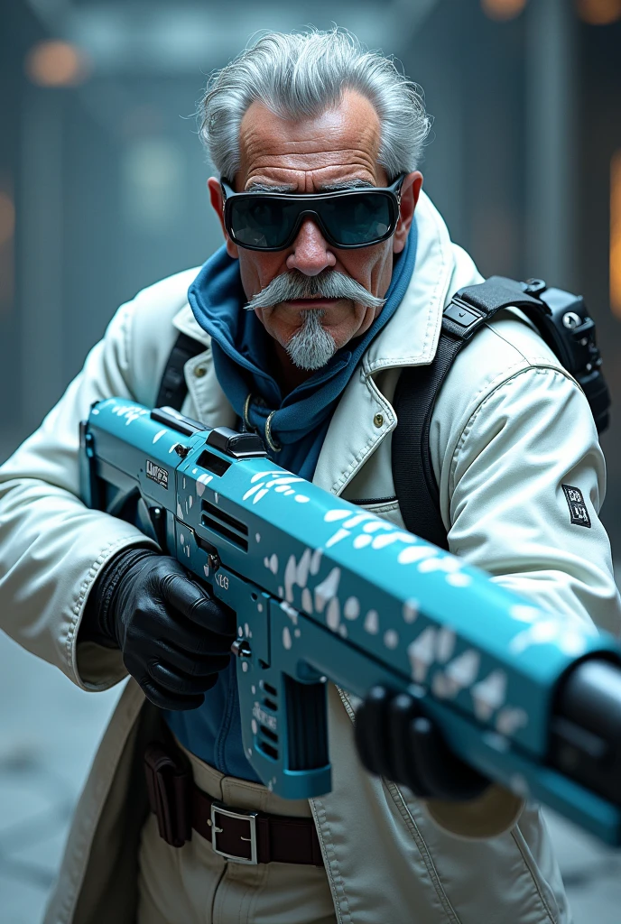 Character inspired by a scientist with a large futuristic blaster with white patterns of sky blue with grayish on his armed with gray scientist hair a white mustache a white scientist vest tinted with blue a scientist pants tinted with white black shoes with dark gray a head with sand glasses that covers his eyes is a dangerous fighter side