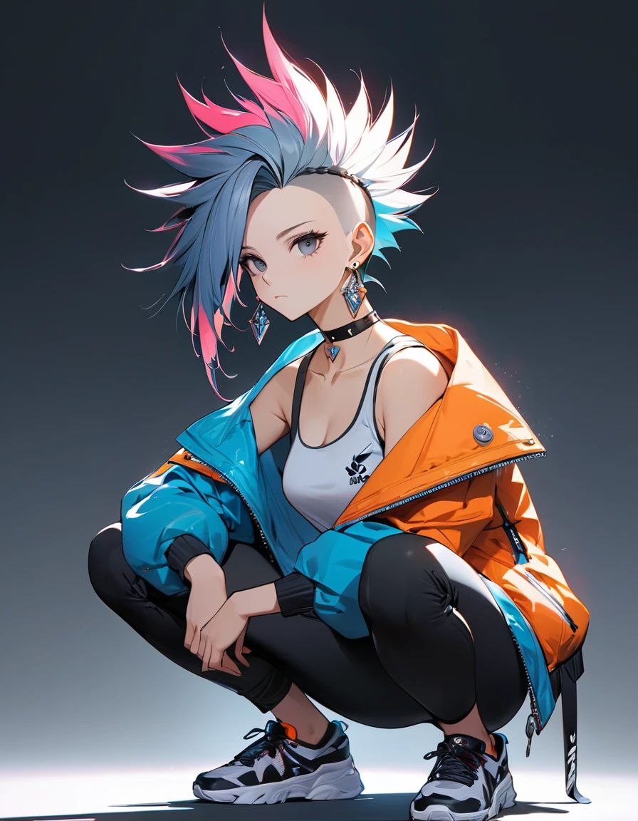 best quality, beautiful, mohawk hair, 8K, expressionless, full body, squat, head tilt look view, slim, jacket, tanktop inside, earrings, choker, concept, full color