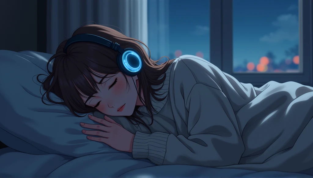 , Sleeping on your side, Brown Hair, Wearing a large sweater, Wear headphones, Covering her feet with a blanket, praise, Calm, Calm atmosphere, Looking out the window in the room, Nice, night, quiet night, masterpiece, Highest quality,Only the headphones are glowing blue,Sleeping in bed in room anime scene