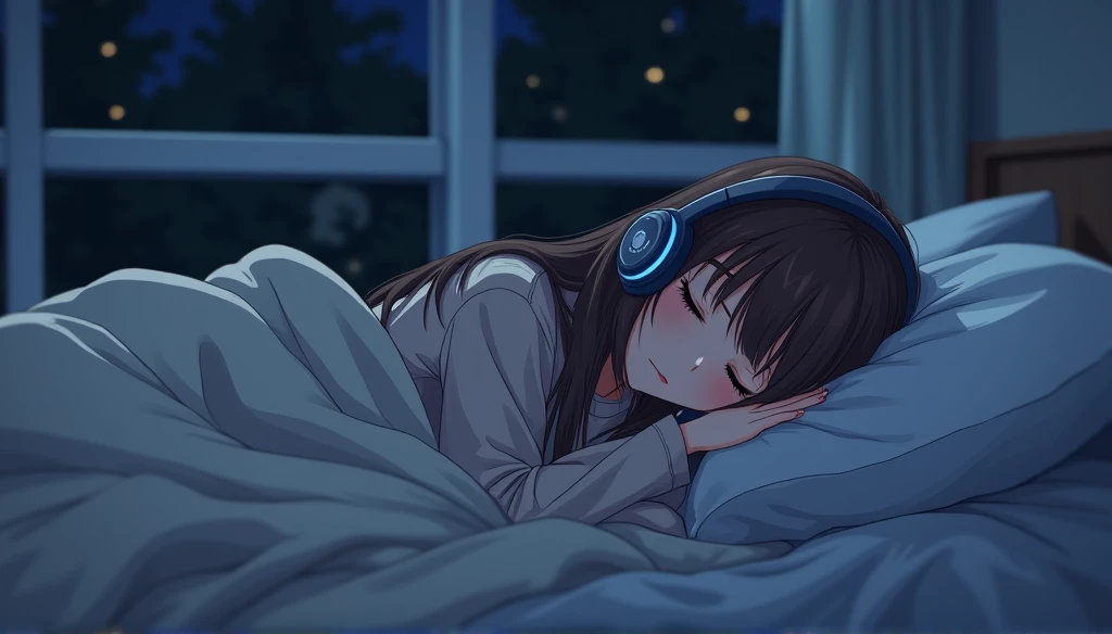 , Sleeping on your side, Brown Hair, Wearing a large sweater, Wear headphones, Covering her feet with a blanket, praise, Calm, Calm atmosphere, Looking out the window in the room, Nice, night, quiet night, masterpiece, Highest quality,Only the headphones are glowing blue,Sleeping in bed in room anime scene