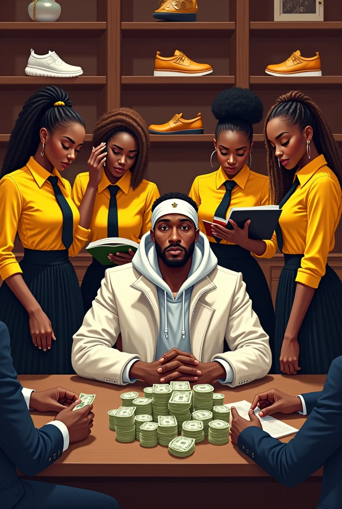 A fair-skin rich male afro beat artist, plaiteddressed hair, dressed in complete street hoodie, white bandana around his head, and a big white jacket, sitting at a table full of money in a big classic leather shoe shop, with four beautiful african girls behind him, each girl is dressed in yellow short sleeve shirt, black tie, white shoes and black pom pom short skirts, doing a different task; one girl is on head phone, another girl is presenting shoes to a male client, another girl is writing in a book, another girl is putting shoes on the shelf and a dark skinned male in suit is counting money from the same table and putting in a bag