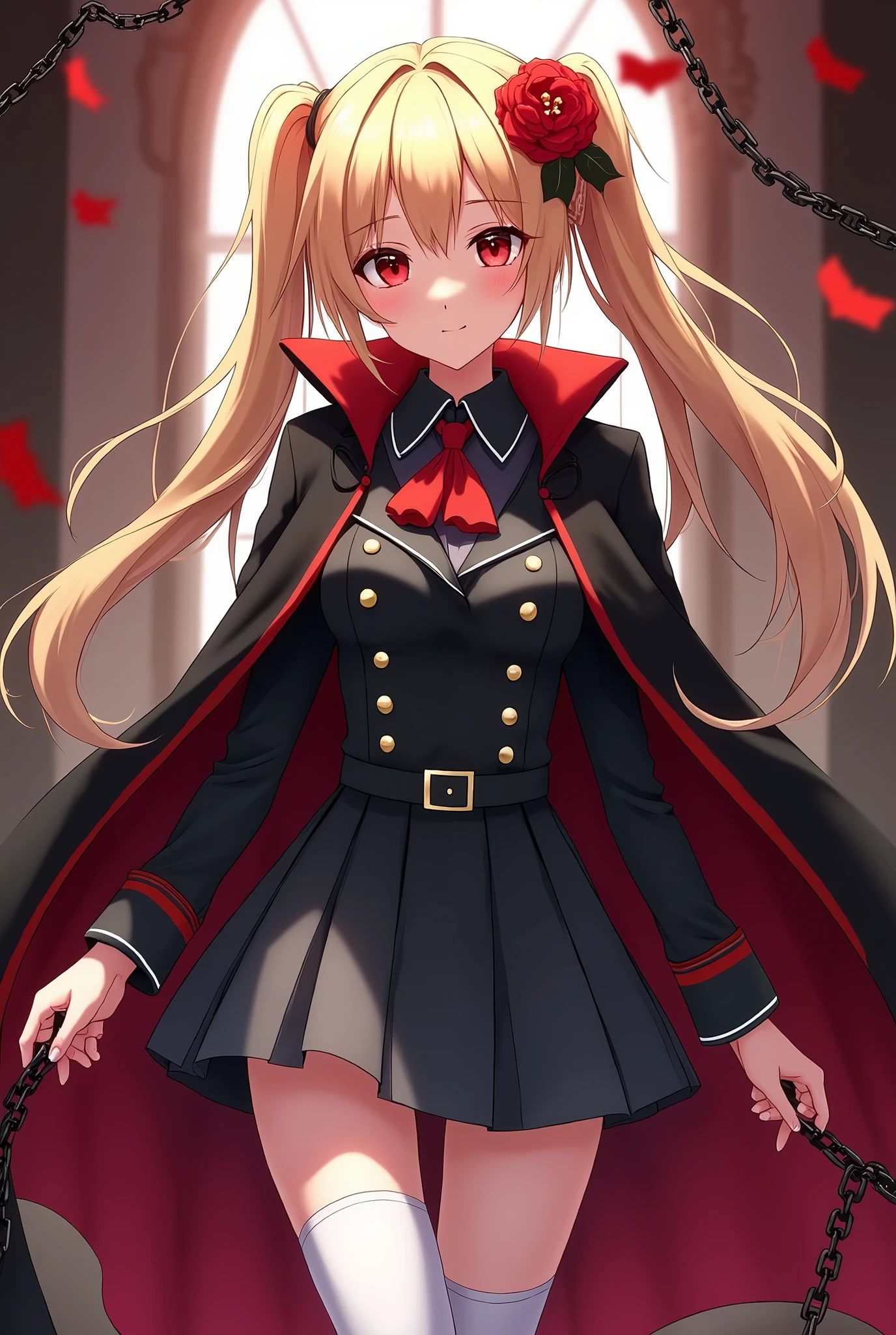 ((masterpiece)), Highest quality, (ultra-detailed), (Anime Style),1girl, vampire, (butter blonde hair, twintail hair:1.3). (forehead, slicked back hair:1.3), (Red flower hair ornament), (Red eyes), medium breast, age19, (German military uniforms), (Black cloak with red lining:1.3), (Dark grey skirt), (white knee socks that reach above the knee:1.2), Chains,