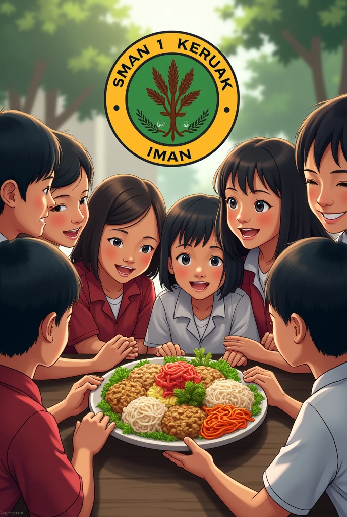 Seven high school students surrounded the gado gado of the region's special food with the logo above Picture of SMAN 1 KERUAK