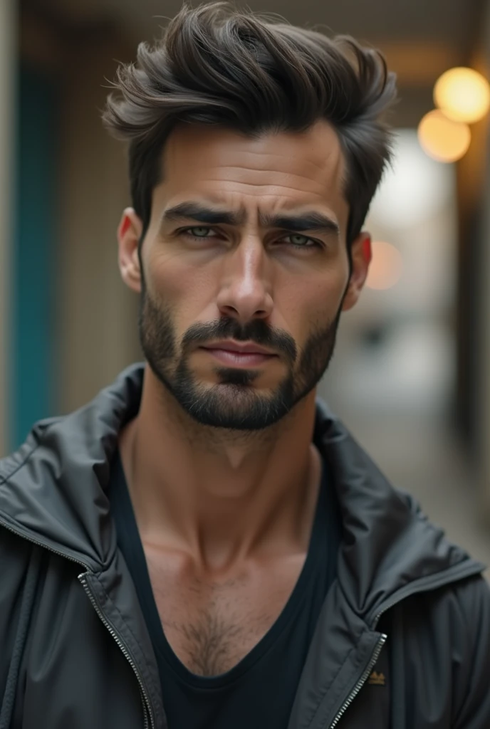 Create a realistic photo, typical Spanish man with a beard and mustache, very handsome man with a charming and deep look, green eyes, brown hair, ((full body)) hyper realistic photos, dressed in blue jeans, a black jacket from the brand: (Addidas), white and black sneakers from the brand: (Addidas), at the top of the Pilat dune in ARCACHON, background image: The Atlantic Ocean, head to toe, full body, hyper realistic photo
