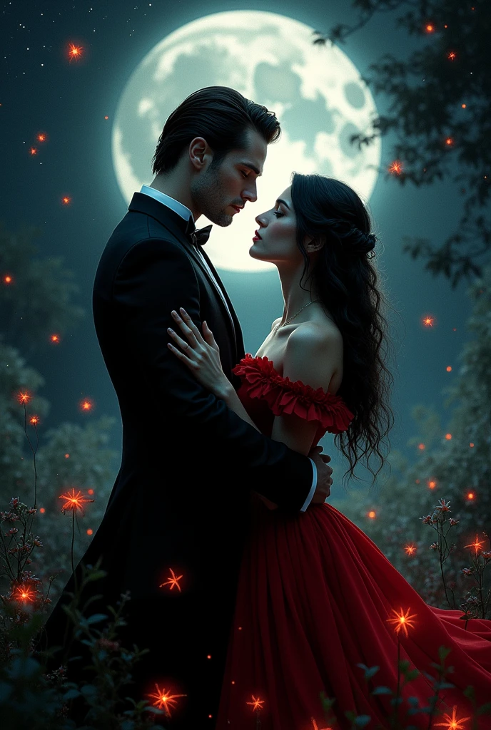 Unusual vampire couple in love at night under the moon with fireflies in black and red