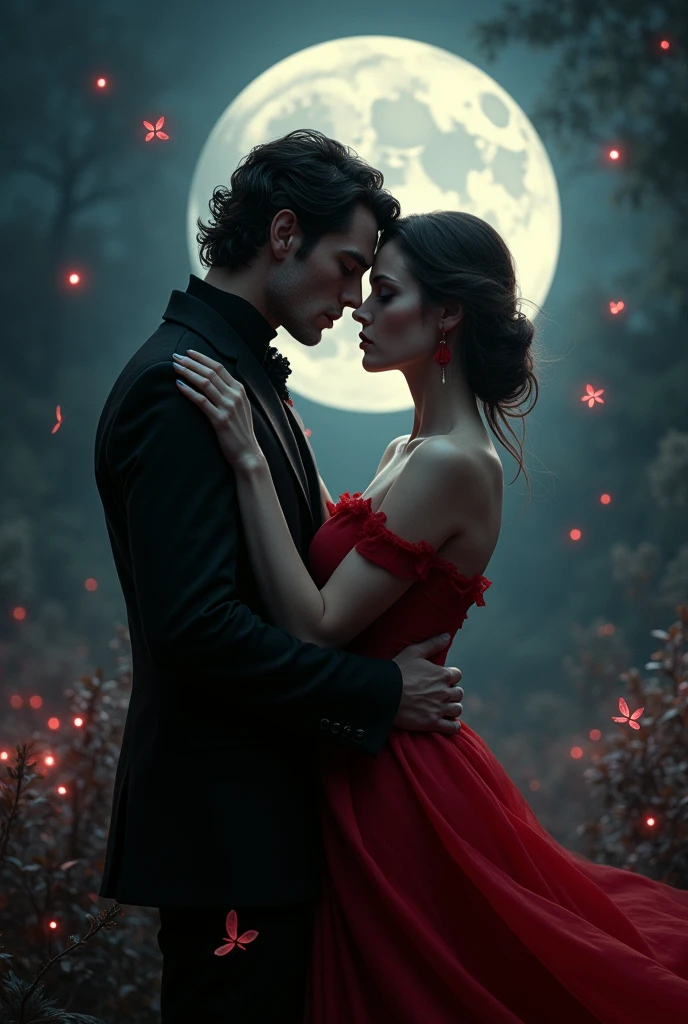 Unusual vampire couple in love at night under the moon with fireflies in black and red