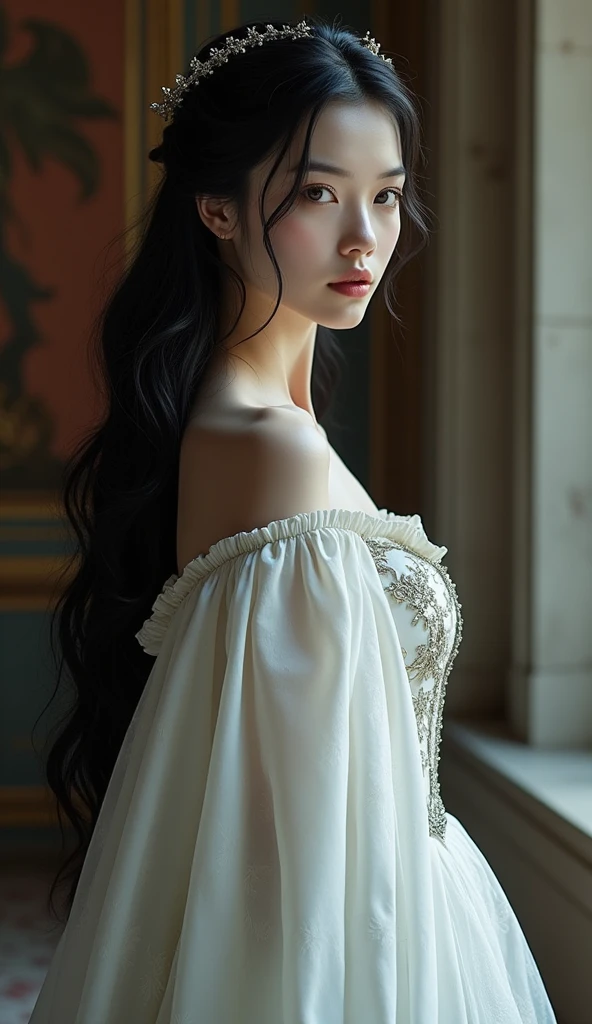 beautiful queen, pale skin, medieval, brunette, tall, stunning beauty, white colors, dark black long hair, whole posture, european