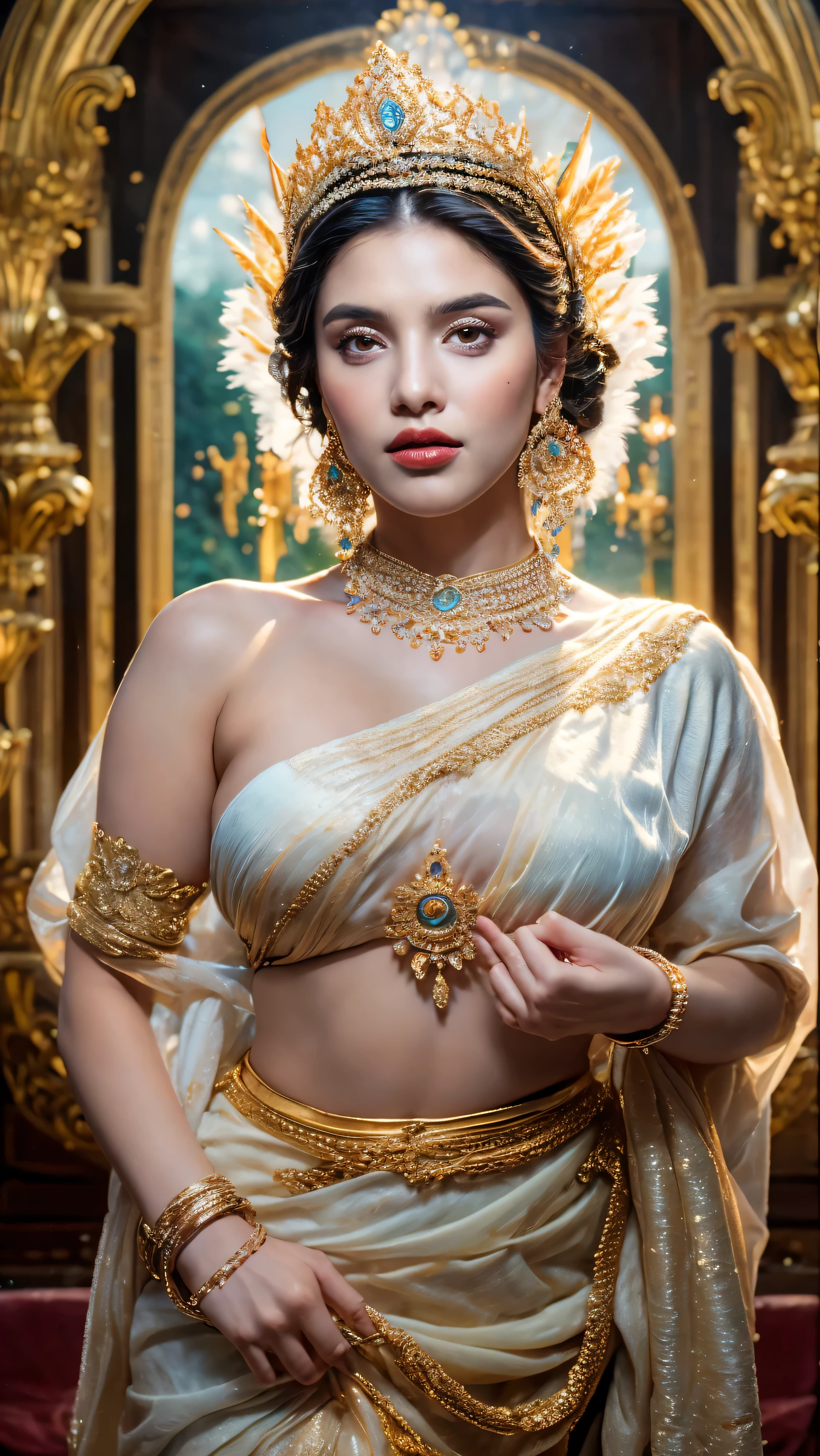 ((Best quality, 8k, Masterpiece :1.3)), Sharp focus :1.2, Generate a realistic image of a beautiful sexy Indian woman plus size body: 8.5 (masterpiece like a princess) (body like divine girl) dressed in a white Kasava saree, adorned with traditional ornaments, standing in a well-lit room with cinematic lighting. ((Front view, random elegant pose)), and there is a sense of grace and elegance in her posture. The background should complement the scene, enhancing the overall aesthetic appeal of the image. Photography by Brandon Woelfel, Full shot: Canon EF 16-35mm f/2.8L III USM lens on a Canon EOS 9D Mark IV camera, ultra realistic, 64k, HD