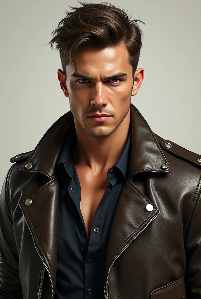 Solo, Short Hair, Anatomically Correct, habdsome guy wearing a leather rocker jacket and leather shirt. Must not look AI generated.