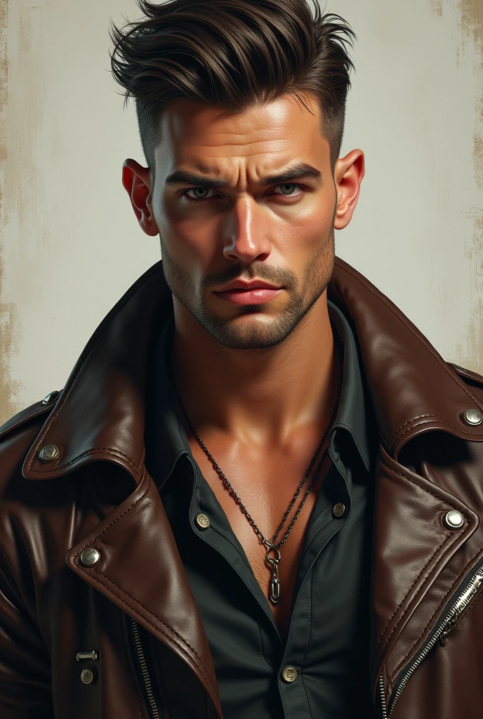 Solo, Short Hair, Anatomically Correct, habdsome guy wearing a leather rocker jacket and leather shirt. Must not look AI generated.