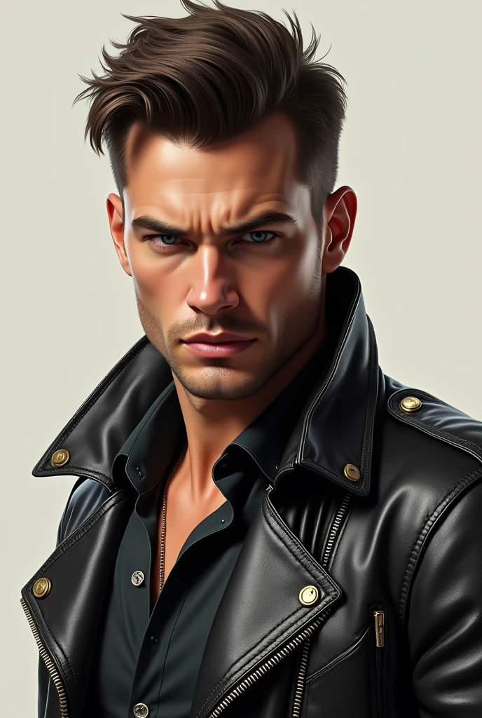 Solo, Short Hair, Anatomically Correct, habdsome guy wearing a leather rocker jacket and leather shirt. Must not look AI generated.