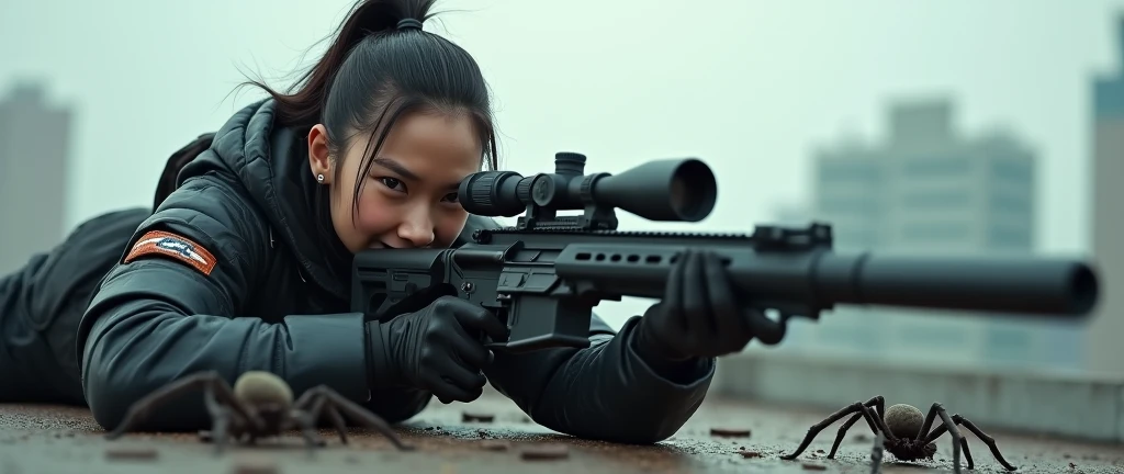 so much swagger trained marine corp militant asian female solider with large spiders coiled around her smug grin sneer. with an attitue vengance she adorn with pony tail hairstyle adorn hip hop rap style in kevlar black military attire armour sniper rifle on rooftop prone position aiming sniper absolute disrespect bad-mannered