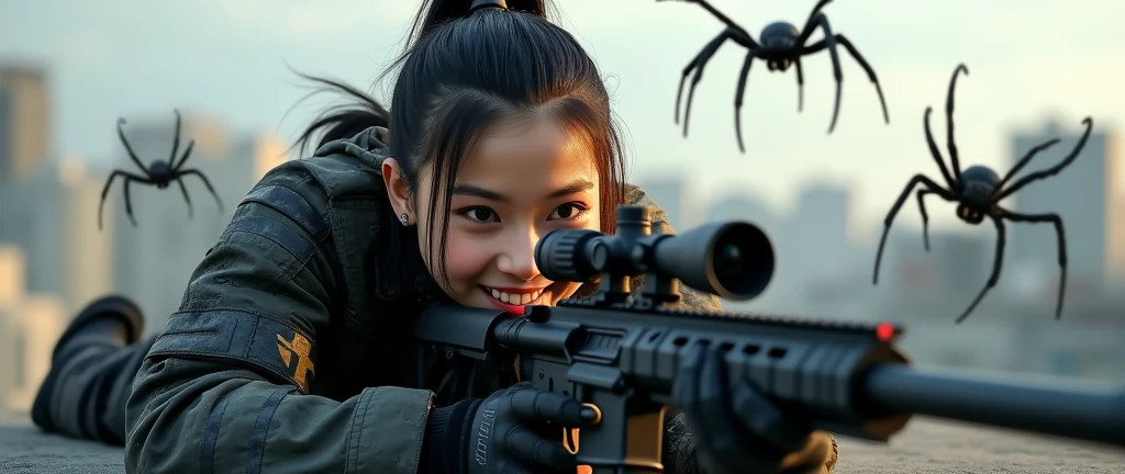 so much swagger trained marine corp militant asian female solider with large spiders coiled around her smug grin sneer. with an attitue vengance she adorn with pony tail hairstyle adorn hip hop rap style in kevlar black military attire armour sniper rifle on rooftop prone position aiming sniper absolute disrespect bad-mannered