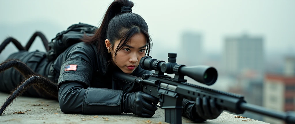 so much swagger trained marine corp militant asian female solider with large spiders coiled around her smug grin sneer. with an attitue vengance she adorn with pony tail hairstyle adorn hip hop rap style in kevlar black military attire armour sniper rifle on rooftop prone position aiming sniper absolute disrespect bad-mannered