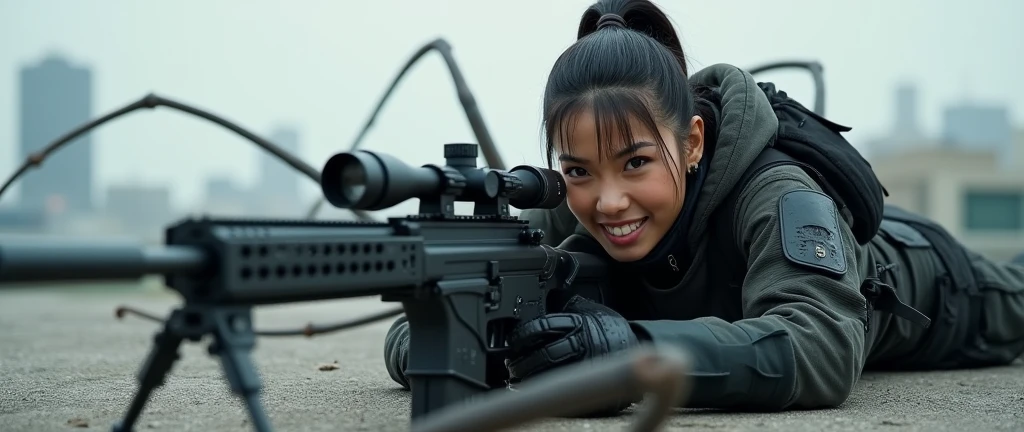 so much swagger trained marine corp militant asian female solider with large spiders coiled around her smug grin sneer. with an attitue vengance she adorn with pony tail hairstyle adorn hip hop rap style in kevlar black military attire armour sniper rifle on rooftop prone position aiming sniper absolute disrespect bad-mannered
