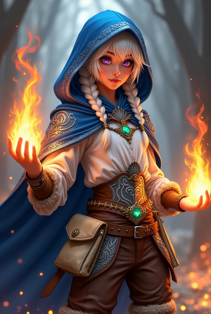 Young fire magician, with long braided white hair. purple eyes. Blue hooded cape decorated with silver embroidery. White blouse, silver breastplate and brown pants as well as fur-trimmed boots. Silver collar with emerald and silver headband with emerald Brown belt with cream colored pouch