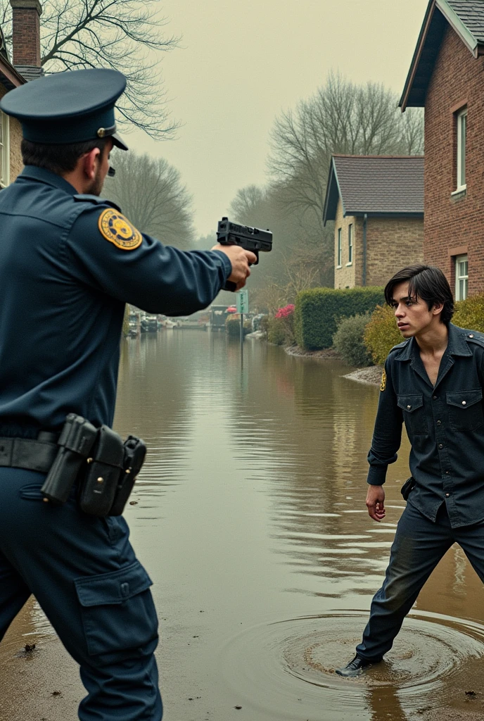 One side a police shooting a student and the other side a village is flooded collage photo