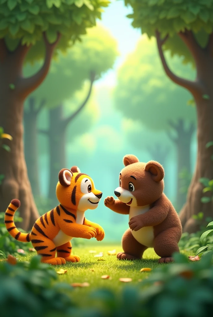 3d cartoon In the forest, where the tall trees sway,
There’s a tiger and a bear, they’re ready to play!
