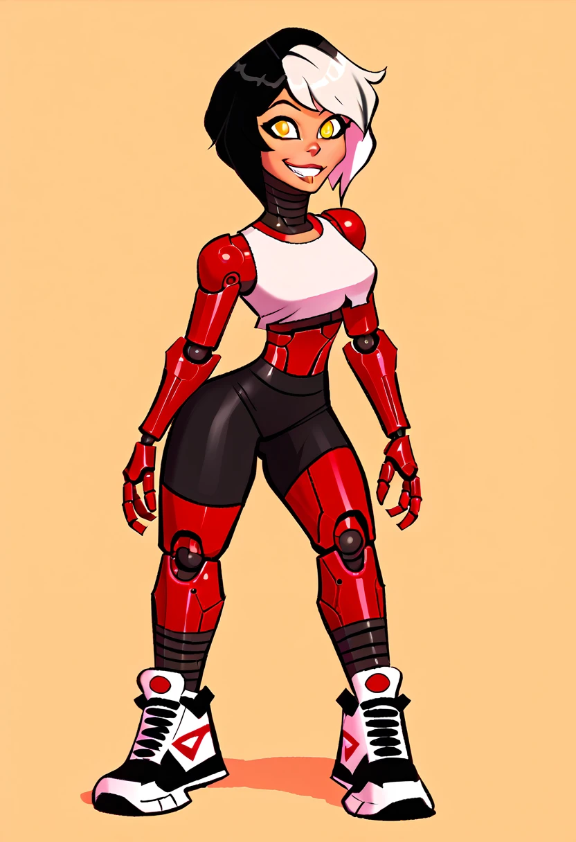 score_5_up,score_6_up,score_7_up,
1girl, solo, smile, wearing (crop top, black shorts, bike_shorts, sneakers), android, mechanical legs, mechanical arms, robot joints, black hair, white hair, two-tone_hair, short hair, yellow eyes, simple background