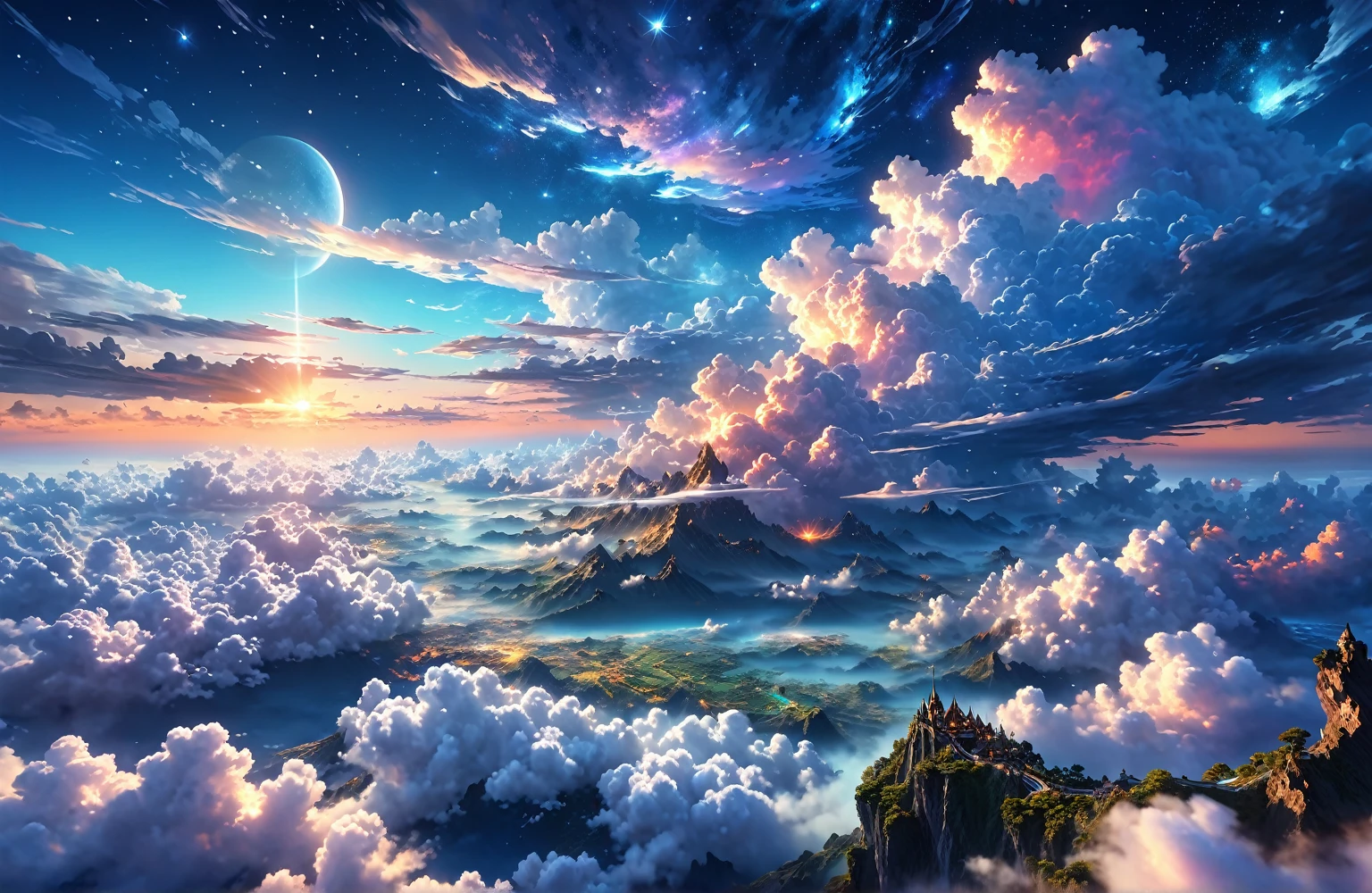high resolution, Ultra HD, 8k, High Resolution Pixels,Fantasy、Landscape painting、glowing clouds、Above the Clouds、blue sky、universe 、Sunset、Stars Shining