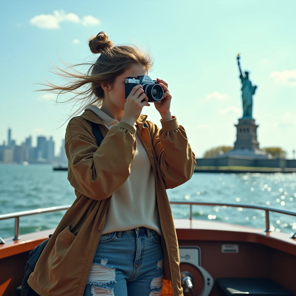 A 19-year-old woman on a small boat cruising near the Statue of Liberty. She’s dressed in a streetwear ensemble featuring a windbreaker jacket, ripped skinny jeans, and stylish sneakers. She’s holding a vintage camera up to her eye, capturing the iconic monument as the wind tousles her hair. The New York City skyline is faintly visible in the background, blending with the blue sky and harbor waters, creating a picturesque moment
