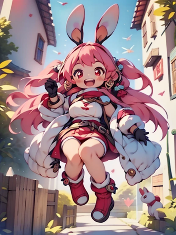 Colorful , masutepiece, Best Quality, 1girl in, , pink hair, long hair, straight hair, rabbit ears, big breasts, High legsuit, rabbit gloves, jumping, red eyes, open mouth, happy smile, rabbit boots,