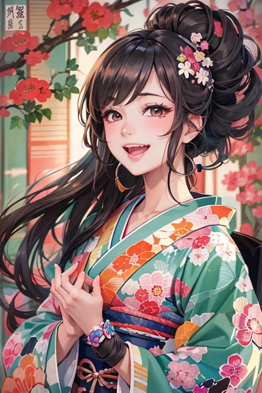 A beautiful woman smiles and shows her upper white teeth、Vividly colored Japanese Ukiyo-e style illustrations、SeaArt creates stunning illustrations of beautiful women in kimono、Brown-black long hair、Beautiful full body style、Beautiful digital illustrations,、Beautiful digital painting, Bright and vivid anime CG art, Detailed digital anime art,  Beautiful anime portraits