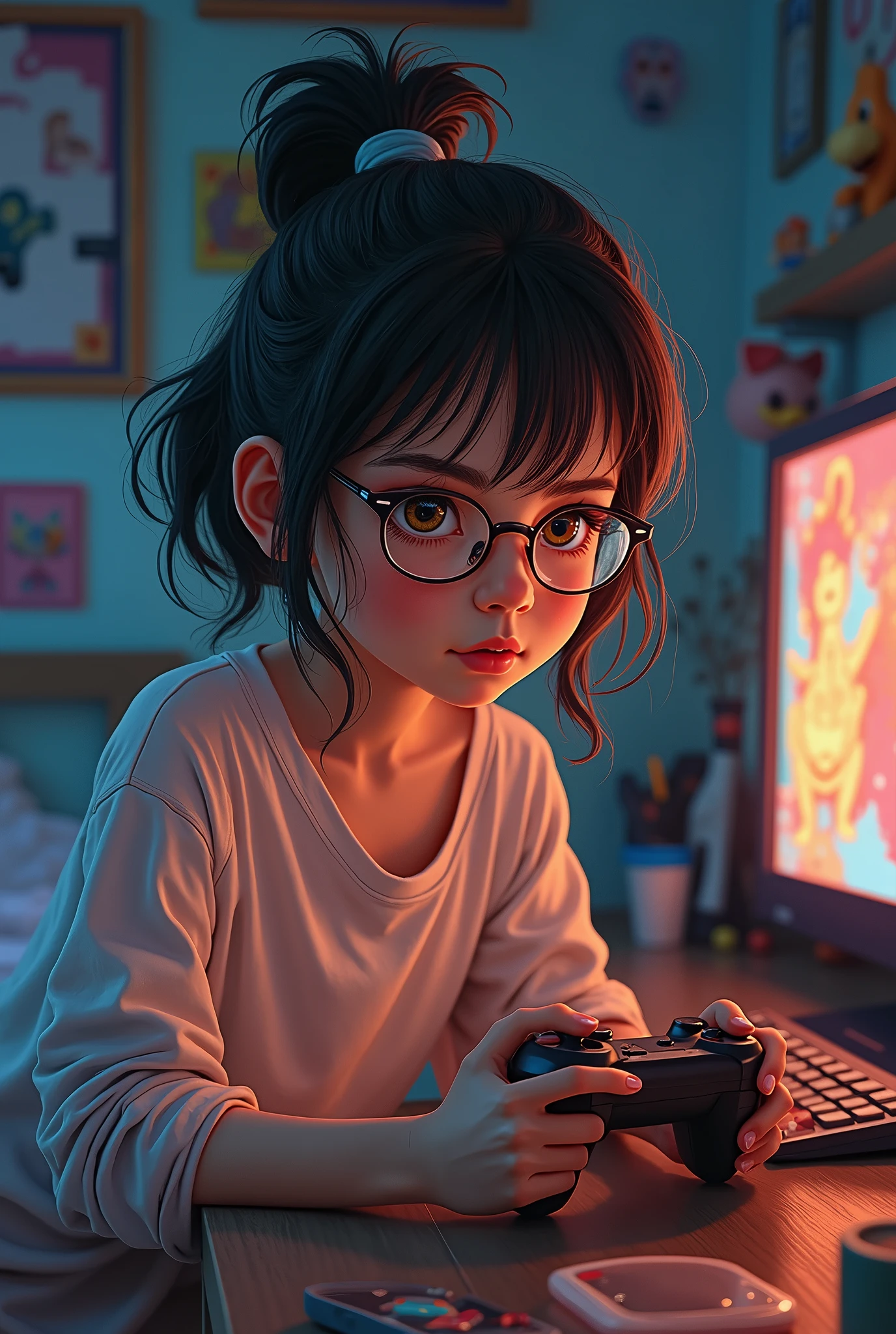 Masterpiece, highly detailed, best resolution, A 13 year old girl, nerdy, midriff, playing video games in her bedroom