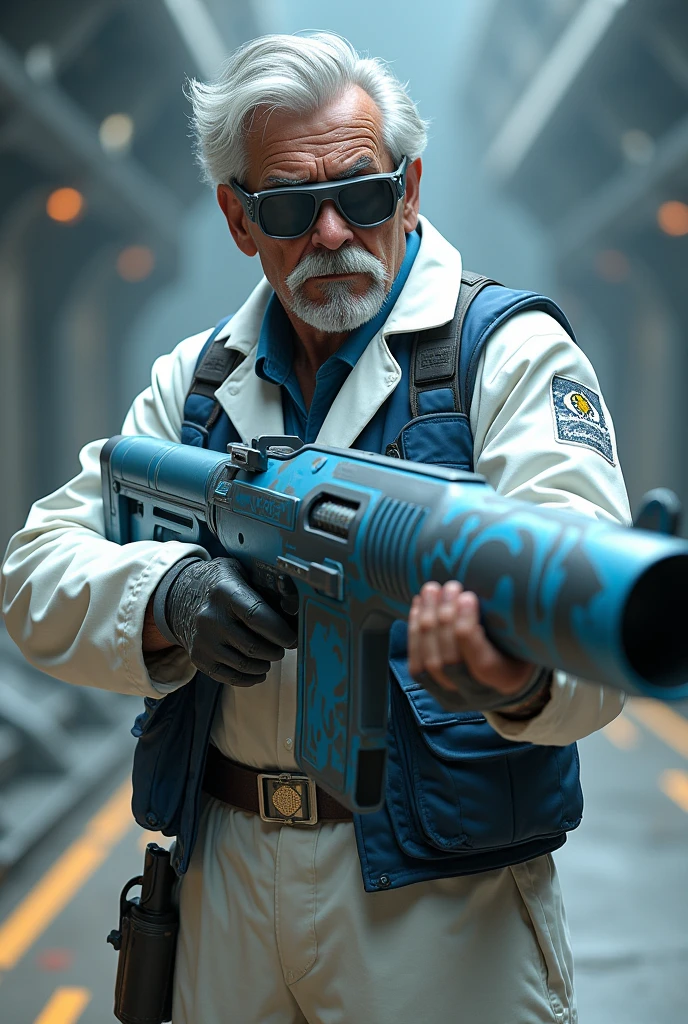 Character inspired by a scientist with a large futuristic blaster with white patterns of sky blue with grayish on his armed with gray scientist hair a white mustache a white scientist vest tinted with blue a scientist pants tinted with white black shoes with dark gray a head with sand glasses that covers his eyes is a dangerous fighter side 