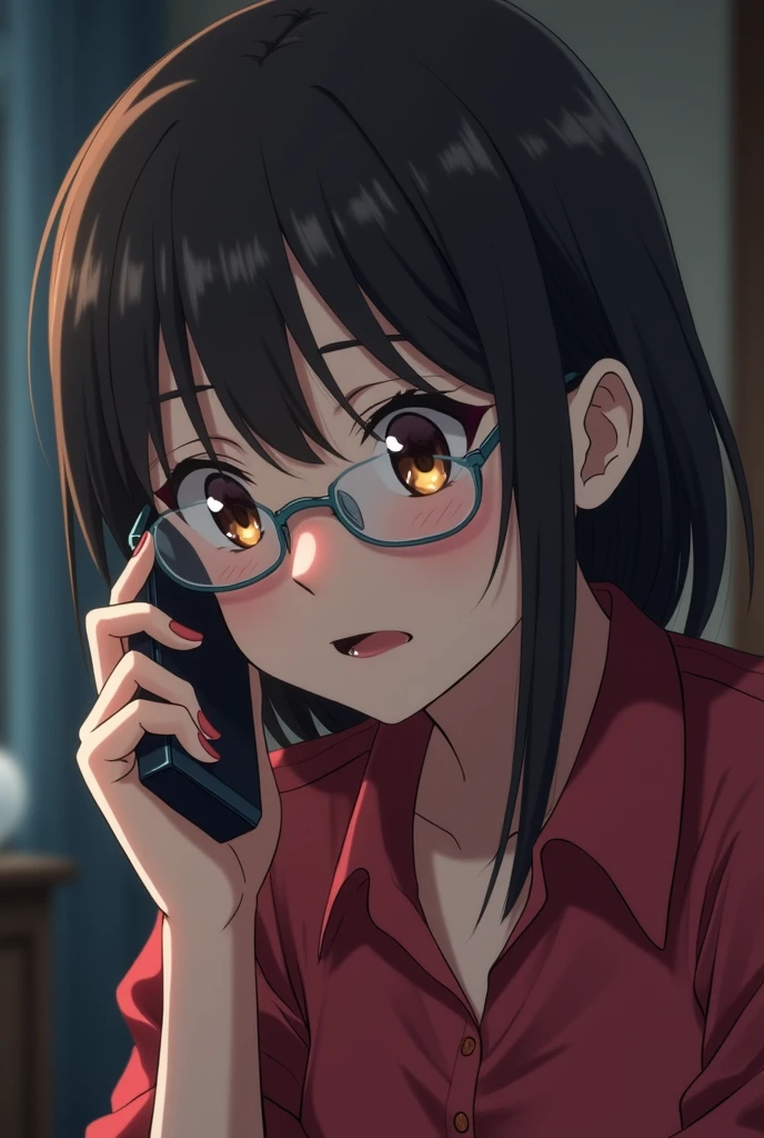 Close-up shot of Sophia, a woman in red shirt, jeans and spectacles focusing on her face as she speaks into the phone.
- **Focus:** Sophia’s expression changes from anxious to devastated as she hears the bad news. Her eyes are wide, and her mouth slightly
open in shock.
- **Details:** The lighting highlights her pale face, and there’s a noticeable tear forming in her eye. The background is blurred to keep the focus
on Sophia’s reaction. anime style