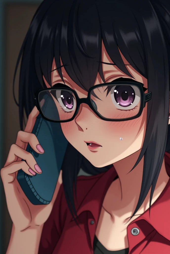 Close-up shot of Sophia, a woman in red shirt, jeans and spectacles focusing on her face as she speaks into the phone.
- **Focus:** Sophia’s expression changes from anxious to devastated as she hears the bad news. Her eyes are wide, and her mouth slightly
open in shock.
- **Details:** The lighting highlights her pale face, and there’s a noticeable tear forming in her eye. The background is blurred to keep the focus
on Sophia’s reaction. anime style