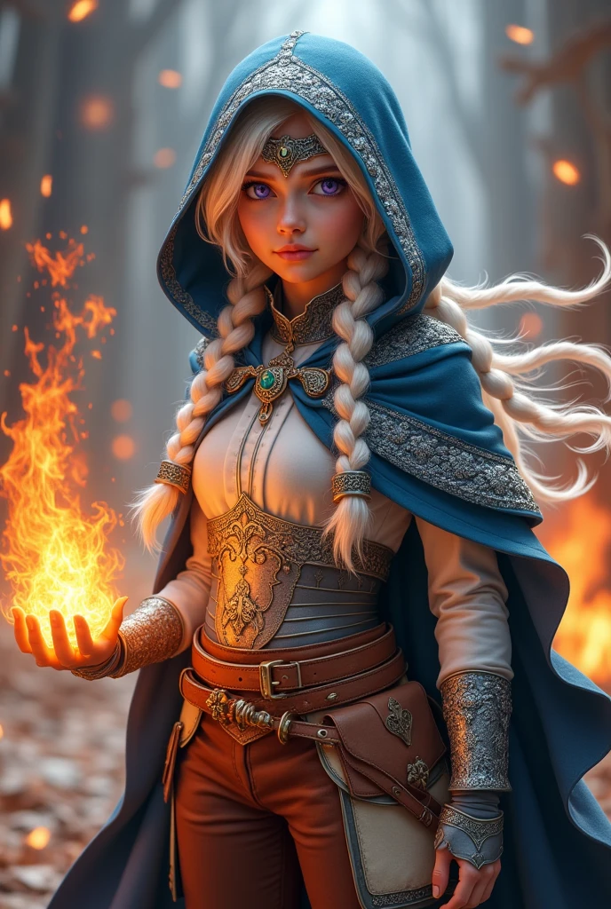 Young fire magician, with long braided white hair. purple eyes. Blue hooded cape decorated with silver embroidery. White blouse, silver breastplate and brown pants as well as fur-trimmed boots. Silver collar with emerald and silver headband with emerald Brown belt with cream colored pouch
