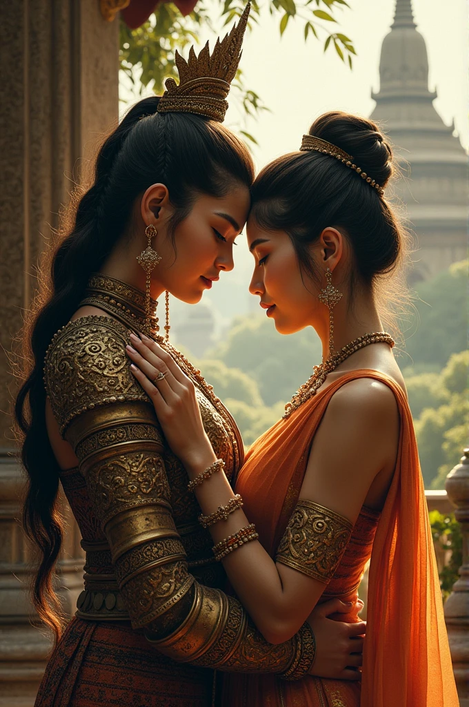 Draw an ancient burmese war Queen and a Shan princess in love with each other .They are dress like ancient Burmese