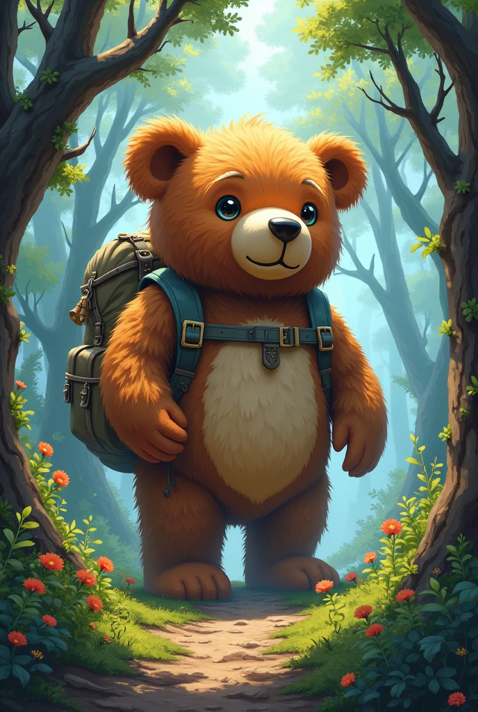 A giant teddy bear, with a backpack and an old map. The bear is exploring a magical forest, with a curious expression. Background with nature elements, like trees and flowers. Artistic style: illustration , swirly vibrant colors.