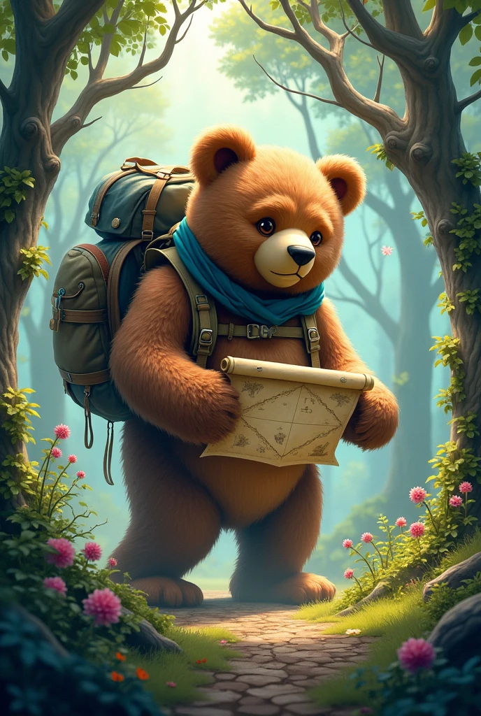 A giant teddy bear, with a backpack and an old map. The bear is exploring a magical forest, with a curious expression. Background with nature elements, like trees and flowers. Artistic style: illustration , swirly vibrant colors.