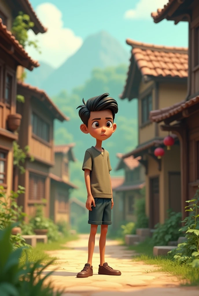 18+Young tall boy sad in village ai 3d image cartoon type 