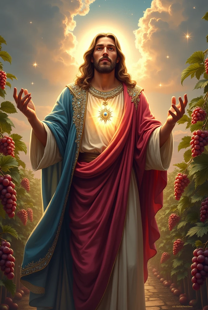 (photorealism:1.2), handsome Jesus Christ, standing straight with many grapes fruits and so many clouds all over, wearing the full of pink color of the elegant clothes of the king with many diamonds and crown sparkling with light, the head and heart lighting all over, focus on face looking at the camera, nice hair, outdoors, bright lighting, so many clouds and grapes fruits in the background,  so many clouds and sparkling stars all over, cozy grapes garden, relaxed pose, realistic, intricate details, bright colors,
