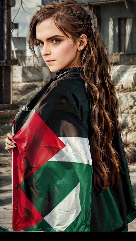 realistic,highres,reality,creative,huge filesize, Palestine flag a (Emma Watson long hair) wearing a black shirt with a palestine flag,free palestine real:2,8k, hyper detailed, cinematic lighting, trending on Artstation