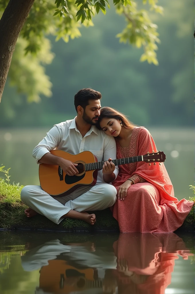 Realistic backside photo, a Bangladeshi man and woman sitting next to a lake, man playing guitar, woman wearing sharee, woman's head on boys shoulder