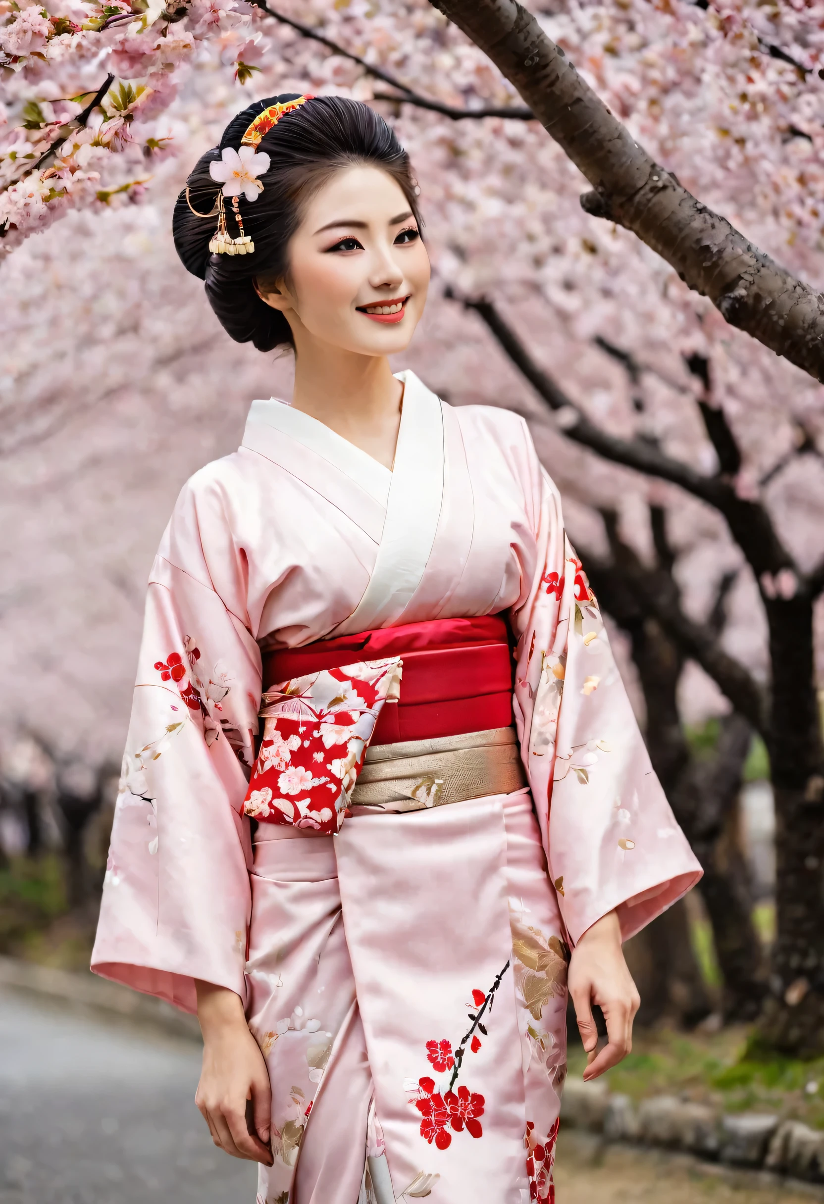 (A geisha stands gracefully under a cherry blossom, Look back and smile: 1.37), Pink cherry blossom petals next々And they scatter, Strengthen your eyes, Straight eyebrows are not only eye-catching、Informal, Cleanse the entire face. Typical Japanese Geisha, Wearing a gorgeous kimono embroidered with red and gold cherry blossoms, This is a long-sleeved kimono, Wearing clogs, Realistic depiction of light and shadow, Realistic and exaggerated photos, super high quality, Super Details, Cinematic shots, Shallow depth of field