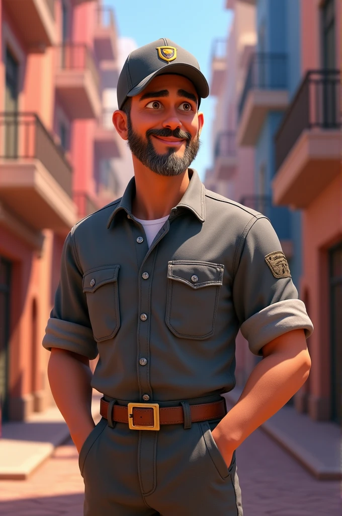 Disney Pixar poster that says male character with short hair, smiling, handsome, wearing gray service clothes, likes wearing hats and cotton pants, shoes, items, has a beard, 3D animation