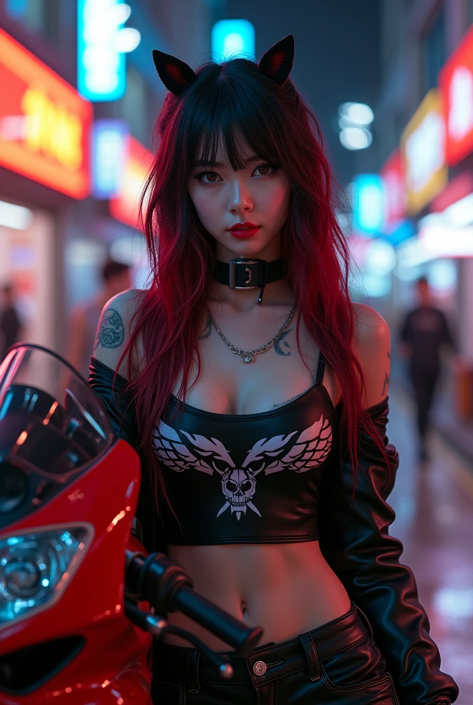 Stunning Japanese Cyberpunk Biker Girl Standing, leaning against his powerful red and black Ducati Panigale V4 motorcycle., bathed in the bright glow of neon and electric lights. Her face is in focus., with extremely detailed features, including long two-tone hair with bangs (black with red highlights) and bright red lips. Her ripped crop top features a graphic inspired by the anime Evangelion.., highlighting her medium bust and thin waist. Tattoos adorn her skin.., adding spice to the atmosphere. The rays of God illuminate her amazing presence, when she looks directly at the viewer., oozing sexy pose. Behind her, a street of a cyberpunk city stretched out.., filled with hyper-realistic details, with textures and shading creating an Anatomically correct masterpiece worthy of retina-scanning quality, retina, accurate, masterpiece, super detail, high detail, Best quality, award-winning, a high resolution, HD, 4K, 8 K, 16 thousand., retina, accurate, masterpiece, Anatomically correct, textured leather, super detail, high quality, award-winning, a high resolution, 8 K, 16 thousand.