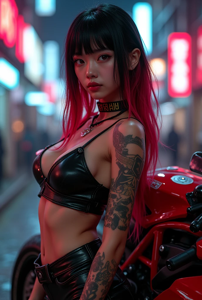 Stunning Japanese Cyberpunk Biker Girl Standing, leaning against his powerful red and black Ducati Panigale V4 motorcycle., bathed in the bright glow of neon and electric lights. Her face is in focus., with extremely detailed features, including long two-tone hair with bangs (black with red highlights) and bright red lips. Her ripped crop top features a graphic inspired by the anime Evangelion.., highlighting her medium bust and thin waist. Tattoos adorn her skin.., adding spice to the atmosphere. The rays of God illuminate her amazing presence, when she looks directly at the viewer., oozing sexy pose. Behind her, a street of a cyberpunk city stretched out.., filled with hyper-realistic details, with textures and shading creating an Anatomically correct masterpiece worthy of retina-scanning quality, retina, accurate, masterpiece, super detail, high detail, Best quality, award-winning, a high resolution, HD, 4K, 8 K, 16 thousand., retina, accurate, masterpiece, Anatomically correct, textured leather, super detail, high quality, award-winning, a high resolution, 8 K, 16 thousand.