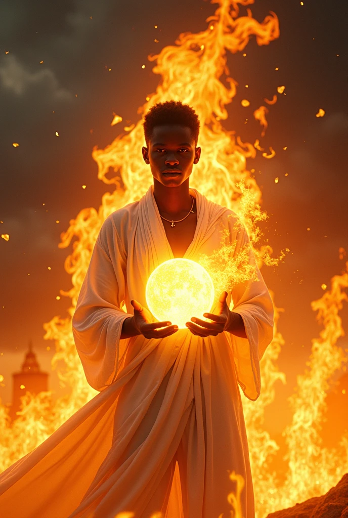 A 20-year-old African boy dressed in a flowing white tunic engulfed by flames. He holds the sun in his hands, and around him flames blaze.