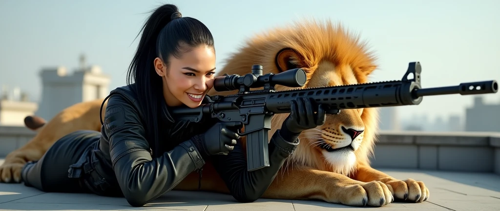 so much swagger trained marine corp militant asian female solider with large lion coiled around her smug grin sneer. with an attitue vengance she adorn with pony tail hairstyle adorn hip hop rap style in kevlar black military attire armour sniper rifle on rooftop prone position aiming sniper absolute disrespect bad-mannered